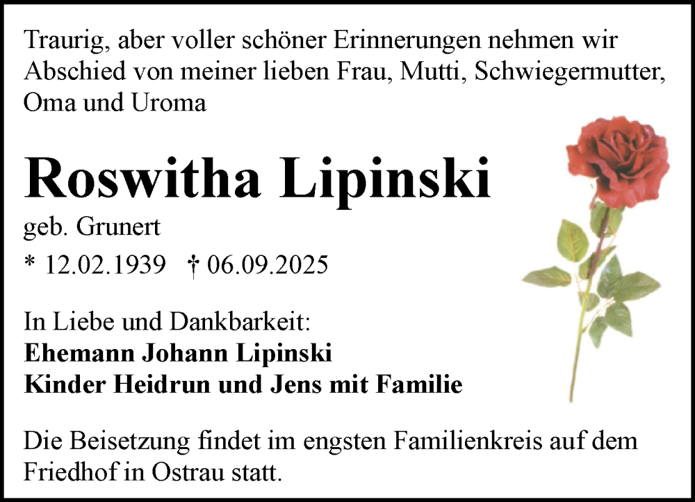  Traueranzeige für Roswitha Lipinski vom 13.09.2025 aus Mitteldeutsche Zeitung Halle/Saalkreis