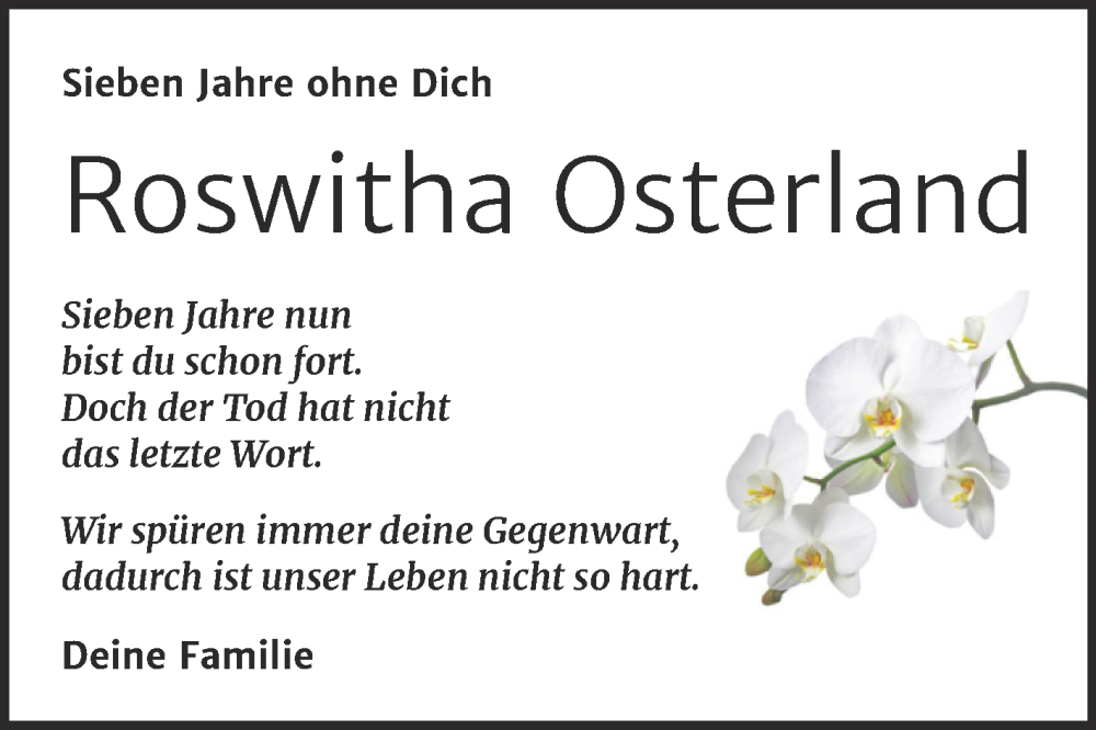  Traueranzeige für Roswitha Osterland vom 06.09.2025 aus Super Sonntag Köthen