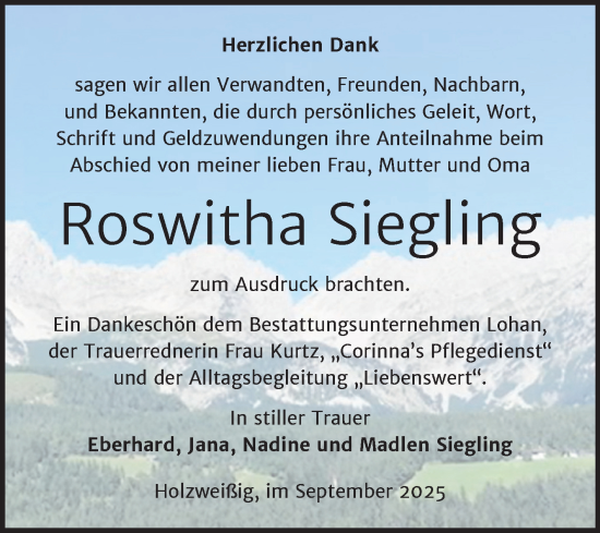 Traueranzeige von Roswitha Siegling von Trauerkombi Bitterfeld