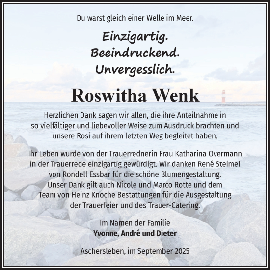 Traueranzeige von Roswitha Wenk von Trauerkombi Aschersleben