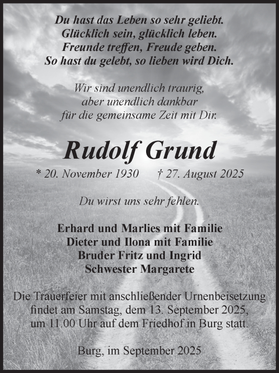 Traueranzeige von Rudolf Grund von Volksstimme Burg/Genthin