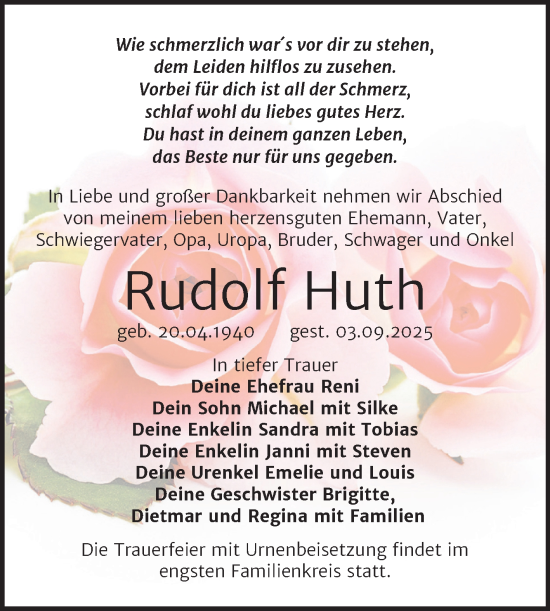 Traueranzeige von Rudolf Huth von Trauerkombi Wittenberg