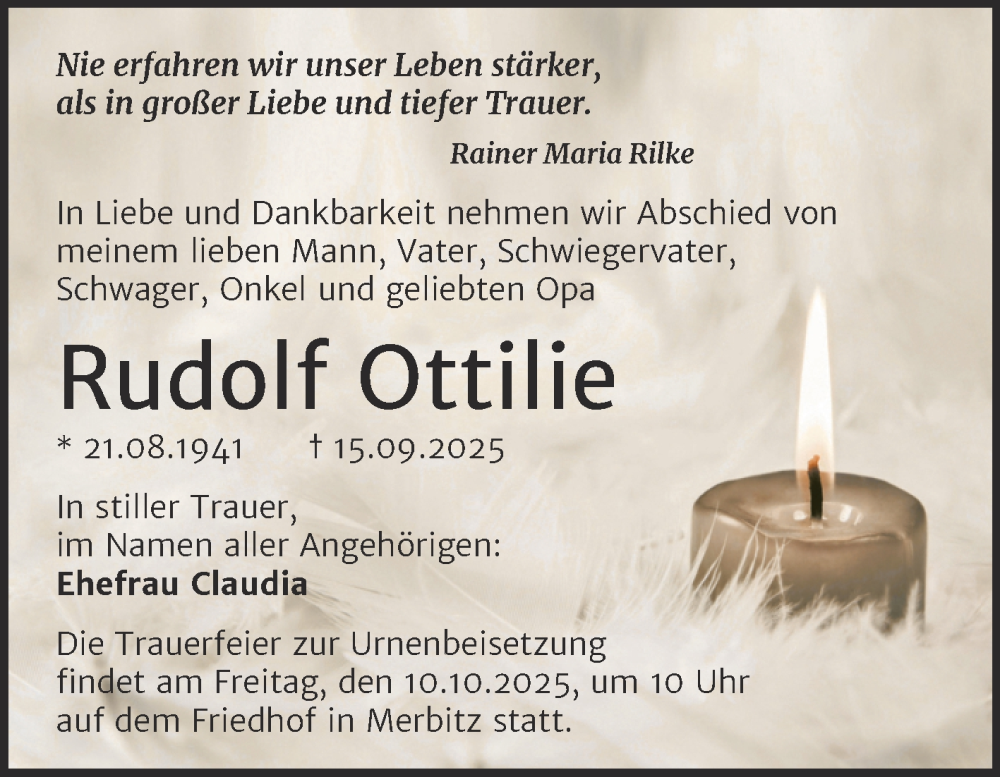  Traueranzeige für Rudolf Ottilie vom 27.09.2025 aus Mitteldeutsche Zeitung Halle/Saalkreis