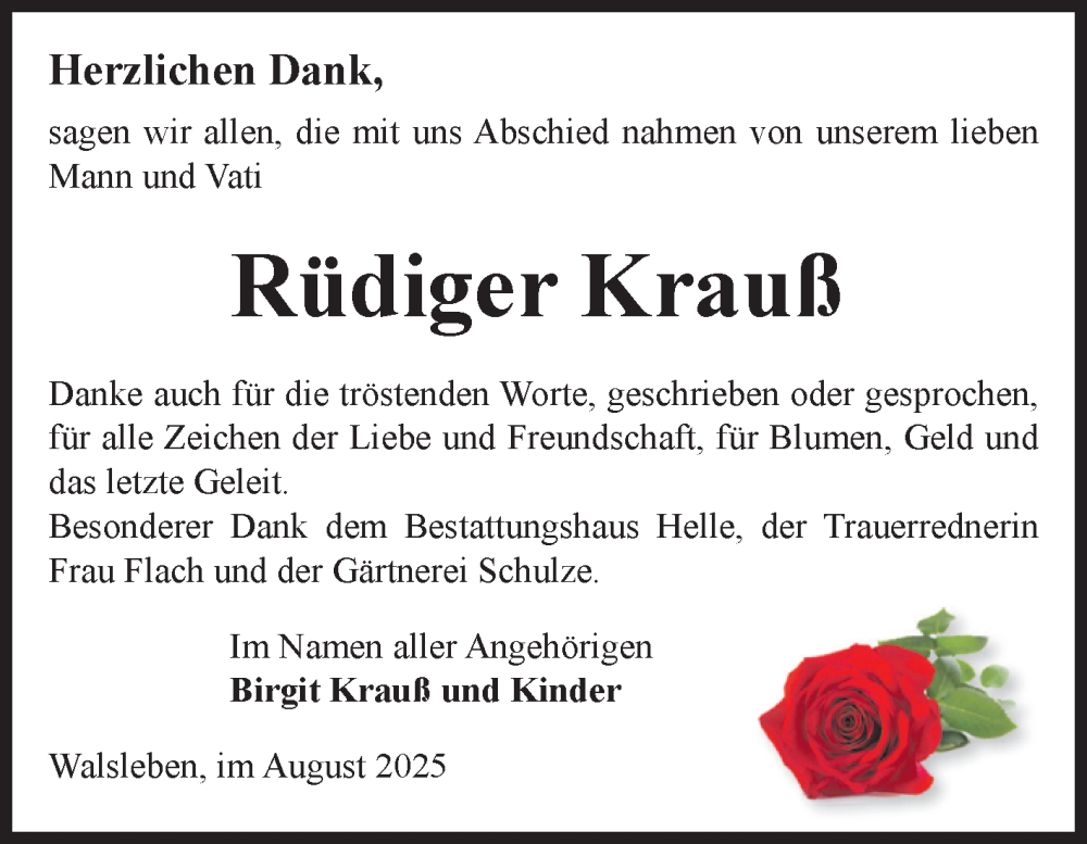  Traueranzeige für Rüdiger Krauß vom 13.09.2025 aus Volksstimme Altmark Ost