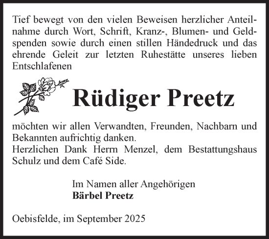 Traueranzeige von Rüdiger Preetz von Volksstimme Altmark West