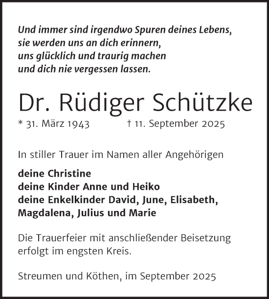 Traueranzeige von Rüdiger Schützke von Mitteldeutsche Zeitung Köthen