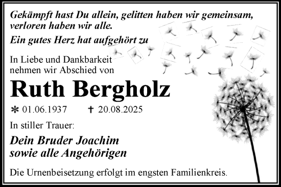 Traueranzeige von Ruth Bergholz von Trauerkombi Wittenberg