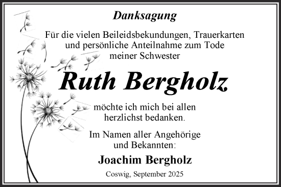 Traueranzeige von Ruth Bergholz von Trauerkombi Wittenberg