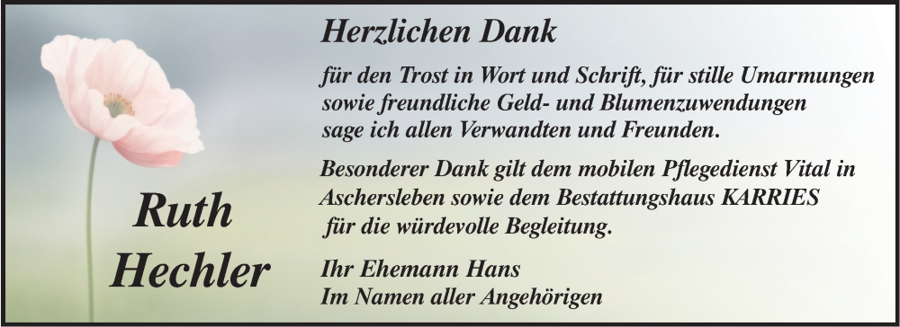  Traueranzeige für Ruth Hechler vom 27.09.2025 aus Trauerkombi Aschersleben