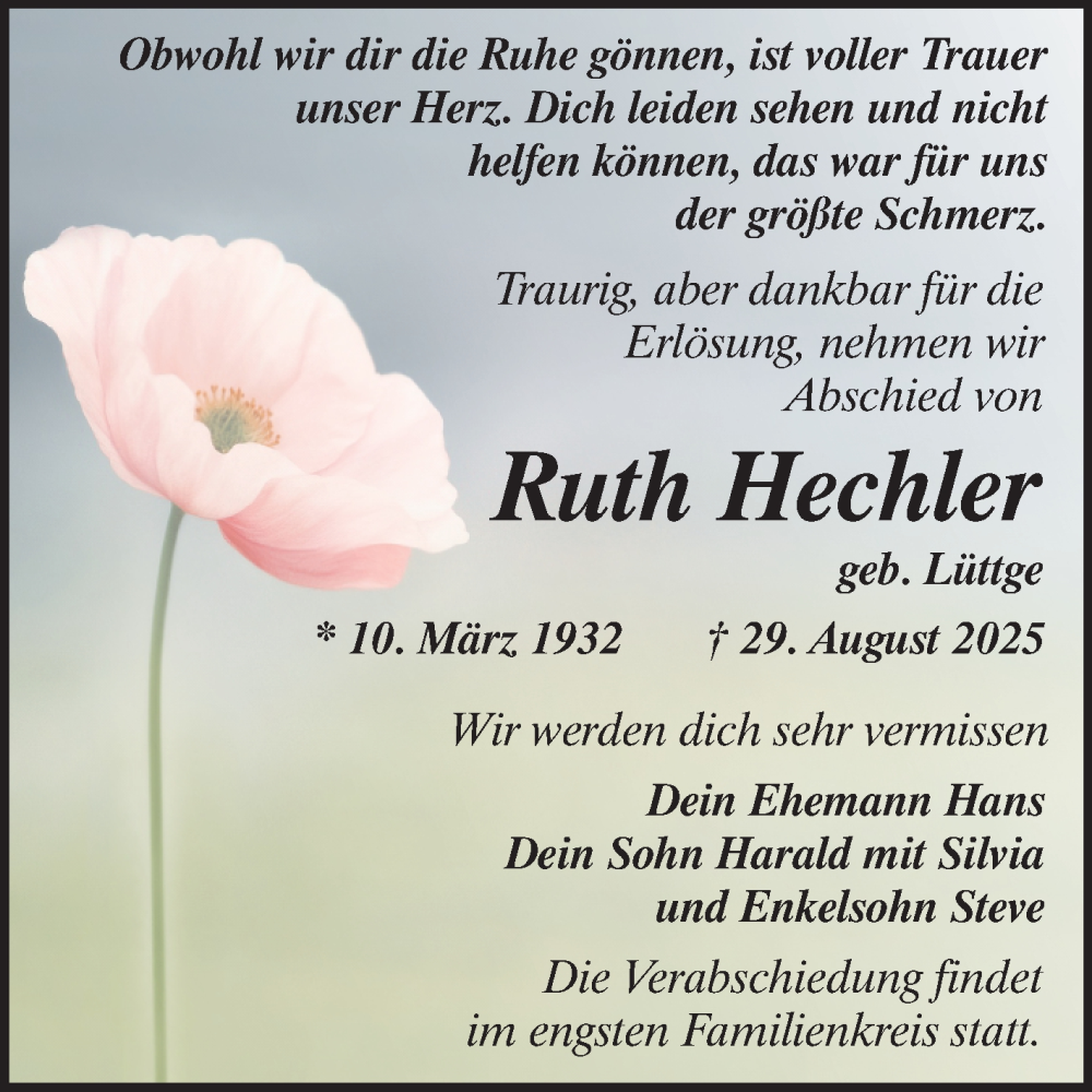  Traueranzeige für Ruth Hechler vom 06.09.2025 aus Trauerkombi Aschersleben
