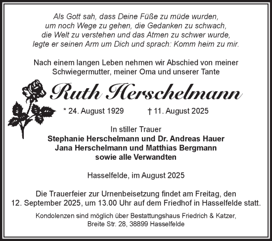 Traueranzeige von Ruth Herschelmann von Volksstimme Wernigerode
