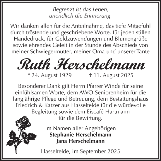Traueranzeige von Ruth Herschelmann von Volksstimme Wernigerode