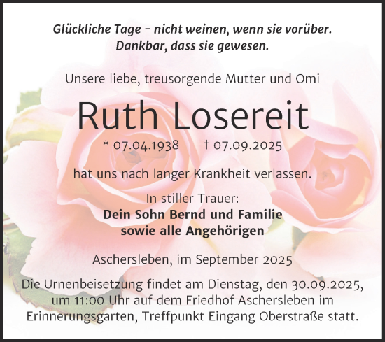 Traueranzeige von Ruth Losereit von Trauerkombi Aschersleben