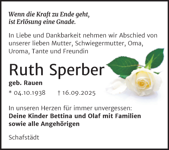 Traueranzeige von Ruth Sperber von Trauerkombi Merseburg