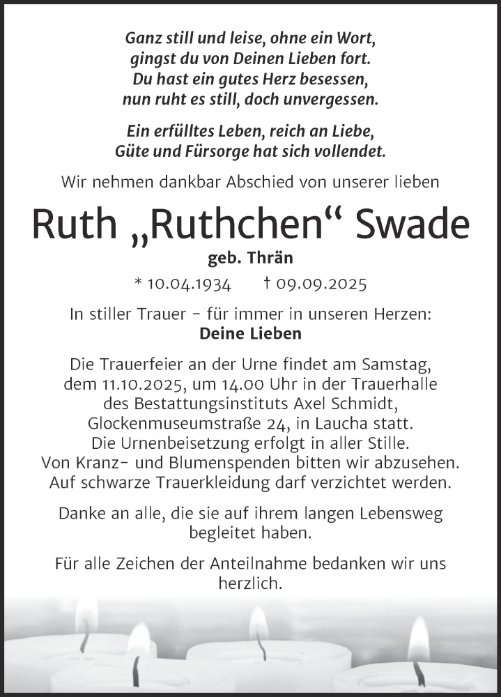  Traueranzeige für Ruth Swade vom 20.09.2025 aus Super Sonntag Naumburg/Nebra