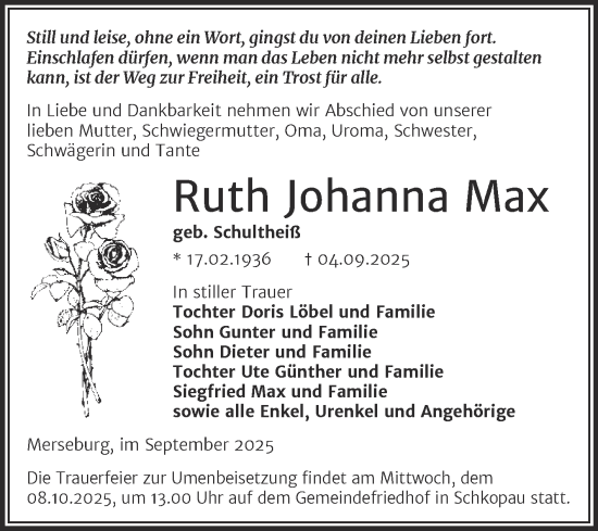 Traueranzeige von Ruth Johanna Max von Trauerkombi Merseburg