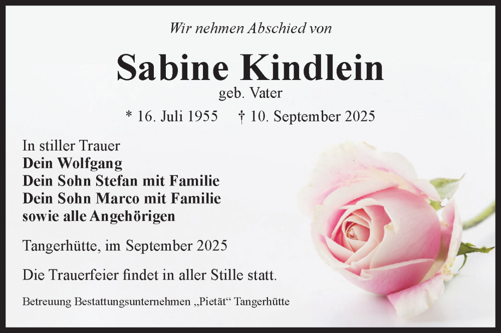  Traueranzeige für Sabine Kindlein vom 13.09.2025 aus Volksstimme Altmark Ost