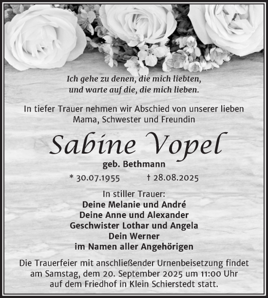 Traueranzeige von Sabine Vopel von Trauerkombi Aschersleben