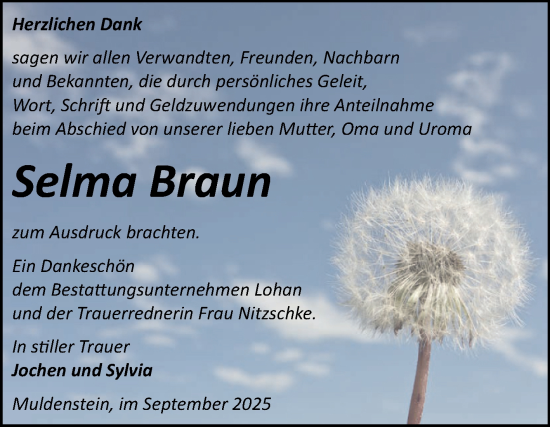 Traueranzeige von Selma Braun von Trauerkombi Bitterfeld