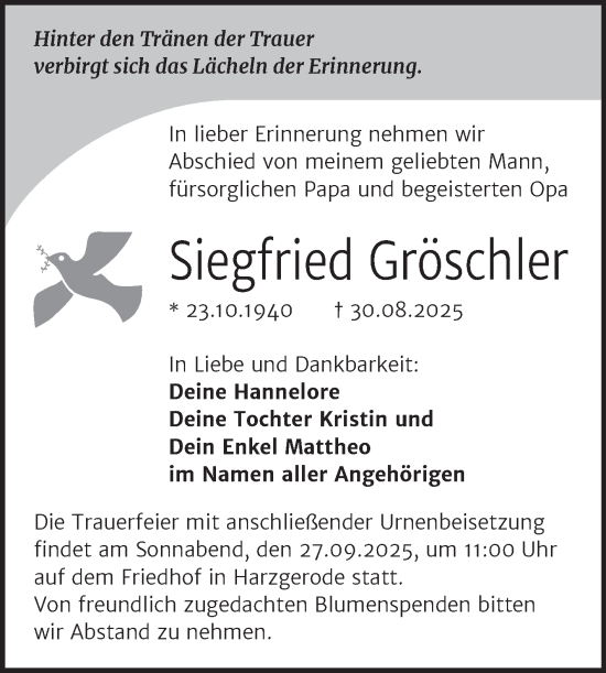 Traueranzeige von Siegfried Gröschler von Trauerkombi Quedlinburg