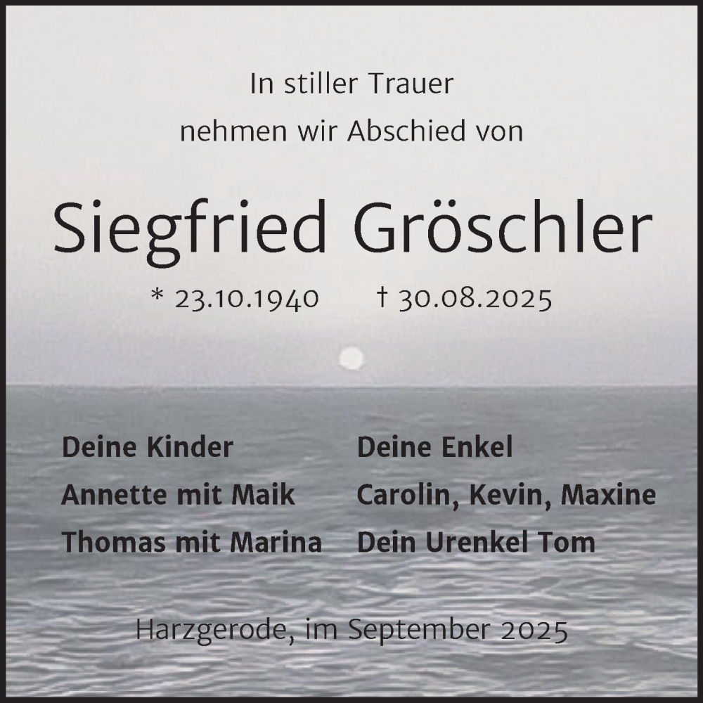  Traueranzeige für Siegfried Gröschler vom 20.09.2025 aus Super Sonntag Quedlingburg