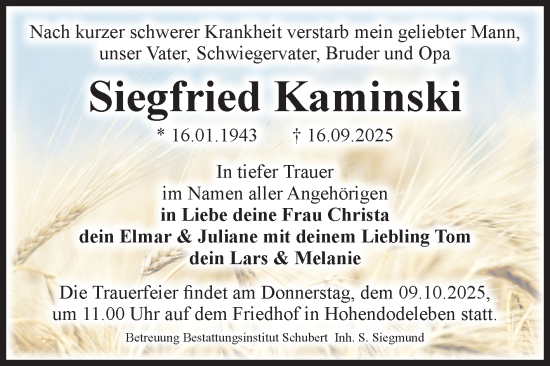 Traueranzeige von Siegfried Kaminski von Volksstimme Magdeburg