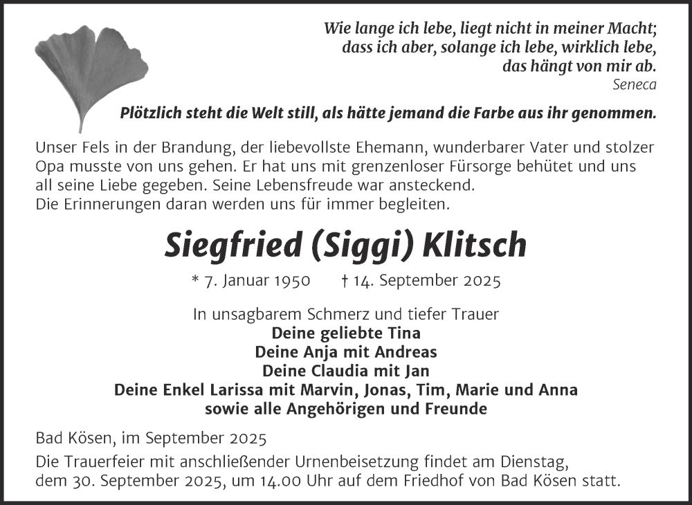 Traueranzeige für Siegfried Klitsch vom 20.09.2025 aus Super Sonntag Naumburg/Nebra