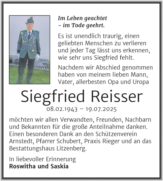 Traueranzeige von Siegfried Reisser von Trauerkombi Mansfelder Land
