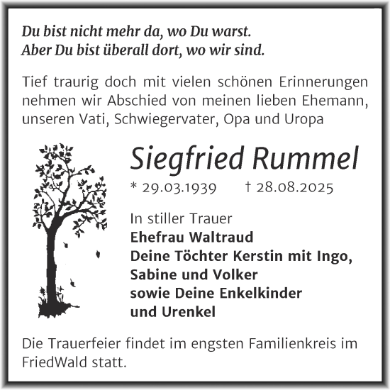 Traueranzeige von Siegfried Rummel von Trauerkombi Dessau