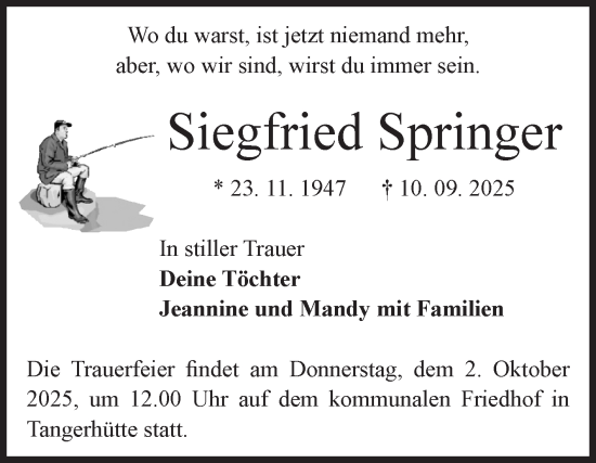 Traueranzeige von Siegfried Springer von Volksstimme Altmark Ost