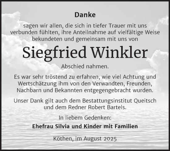 Traueranzeige von Siegfried Winkler von Trauerkombi Köthen