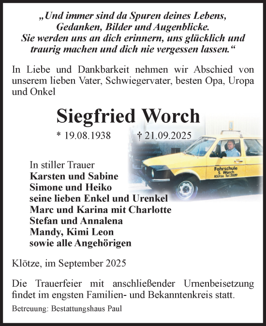 Traueranzeige von Siegfried Worch von Volksstimme Altmark West