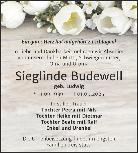Traueranzeige von Sieglinde Budewell von Trauerkombi Wittenberg
