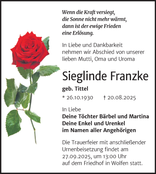 Traueranzeige von Sieglinde Franzke von Trauerkombi Bitterfeld