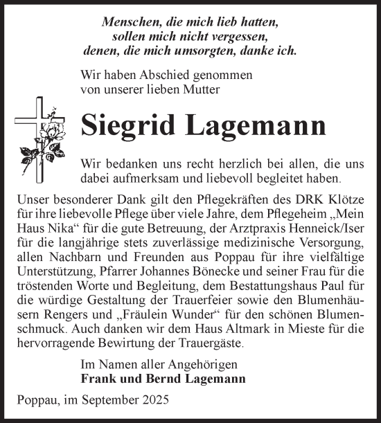 Traueranzeige von Siegrid Lagemann von Volksstimme Altmark West