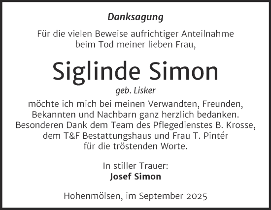Traueranzeige von Siglinde Simon von Trauerkombi Weißenfels