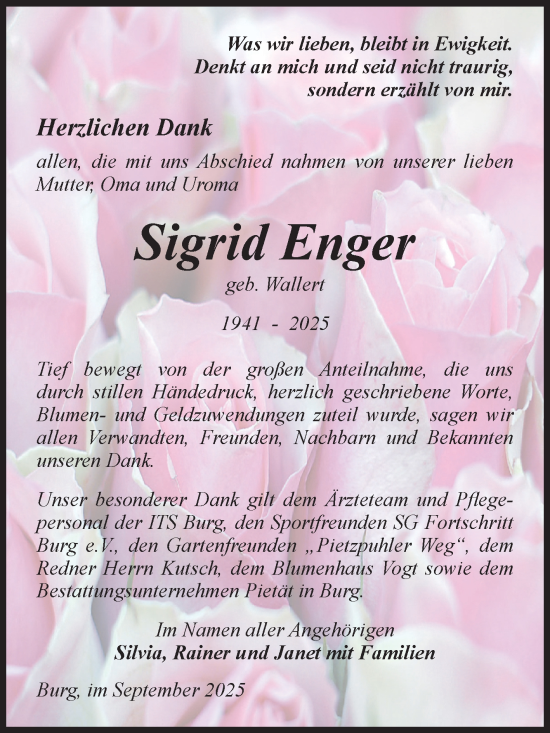 Traueranzeige von Sigrid Enger von Volksstimme Burg/Genthin