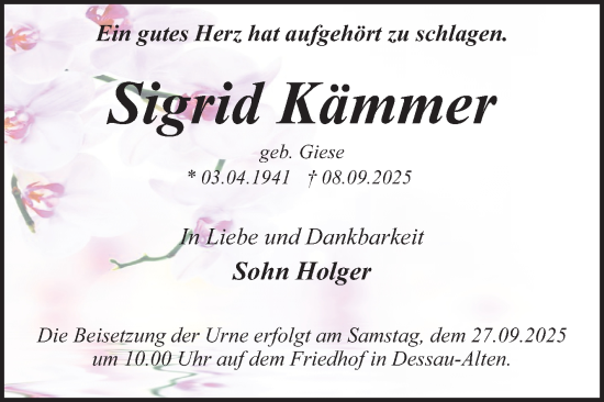Traueranzeige von Sigrid Kämmer von Trauerkombi Dessau