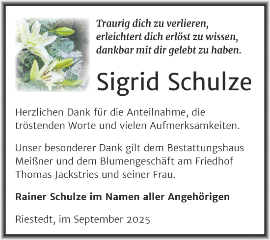Traueranzeige von Sigrid Schulze von Trauerkombi Sangerhausen
