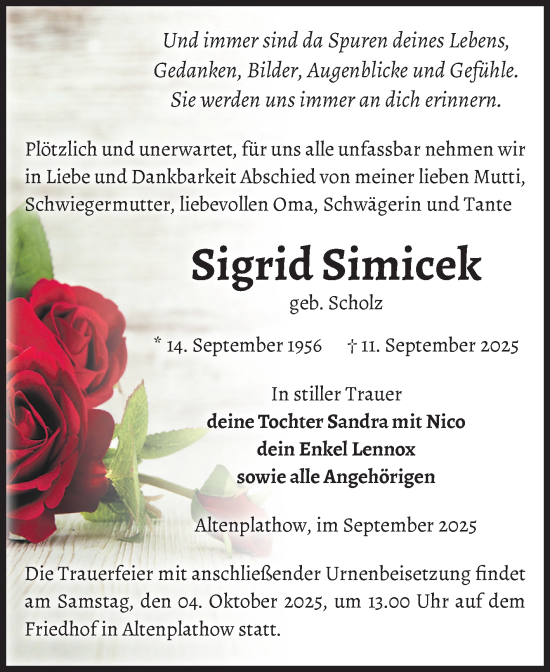 Traueranzeige von Sigrid Simicek von Volksstimme Burg/Genthin