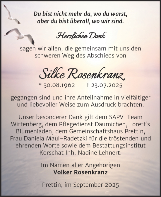 Traueranzeige von Silke Rosenkranz von Trauerkombi Wittenberg