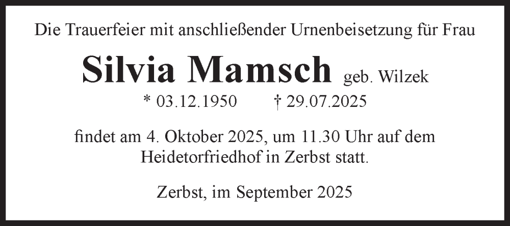  Traueranzeige für Silvia Mamsch vom 13.09.2025 aus Volksstimme Zerbst