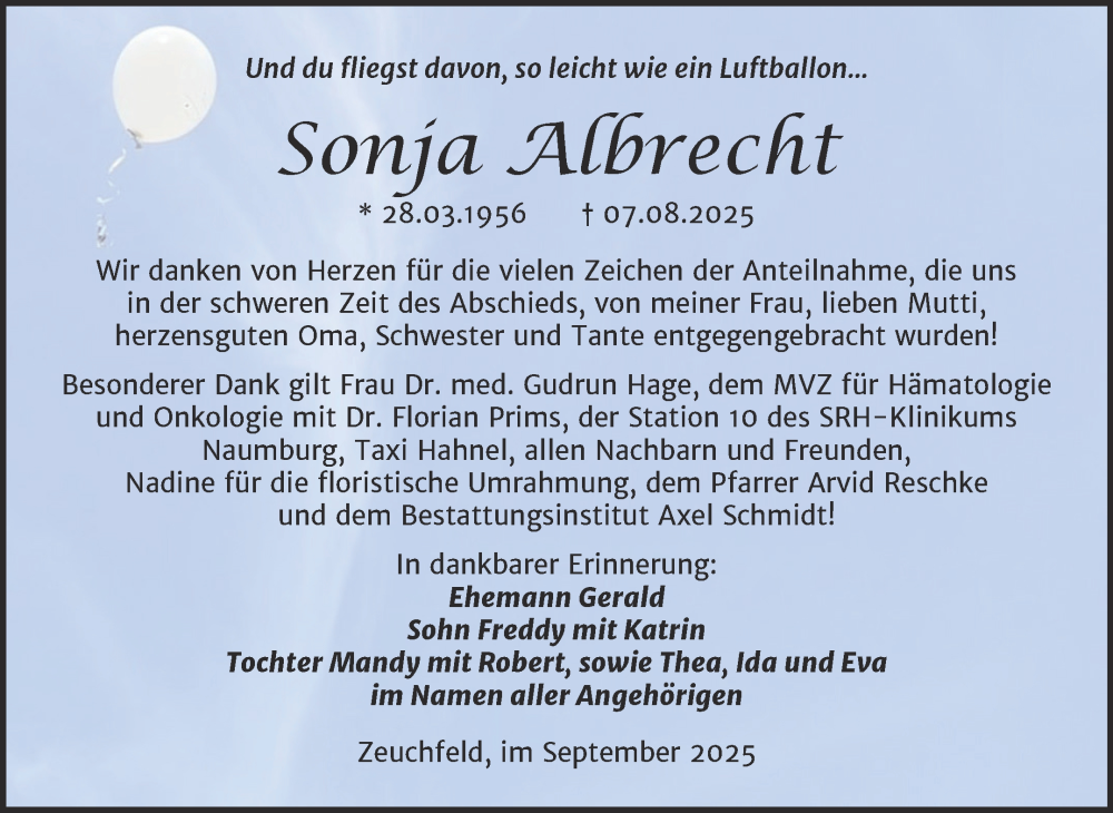  Traueranzeige für Sonja Albrecht vom 20.09.2025 aus Super Sonntag Naumburg/Nebra