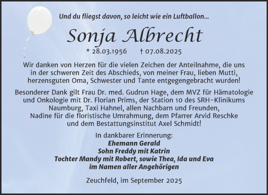 Traueranzeige von Sonja Albrecht von Super Sonntag Naumburg/Nebra