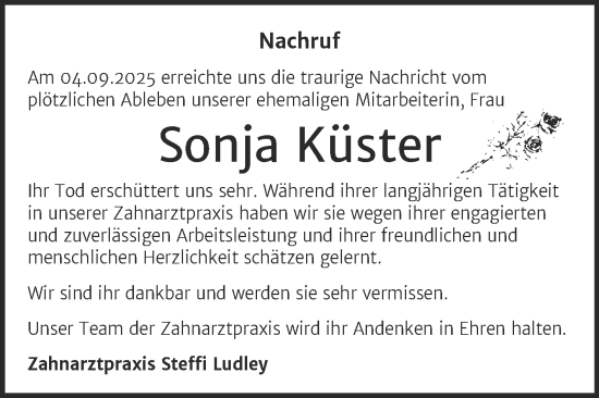 Traueranzeige von Sonja Küster von Super Sonntag Naumburg/Nebra