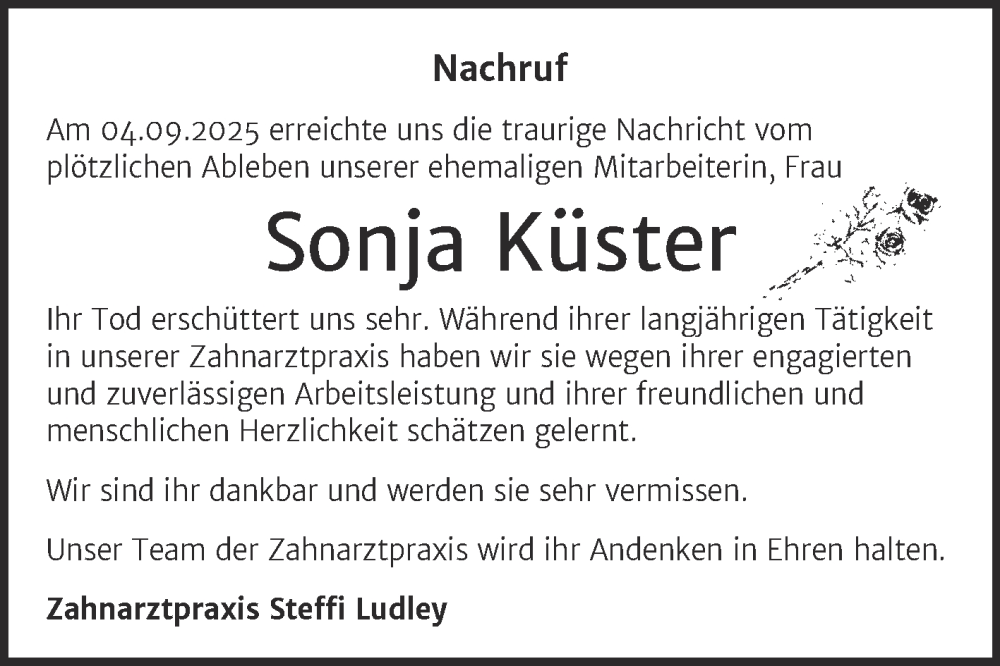  Traueranzeige für Sonja Küster vom 27.09.2025 aus Super Sonntag Naumburg/Nebra