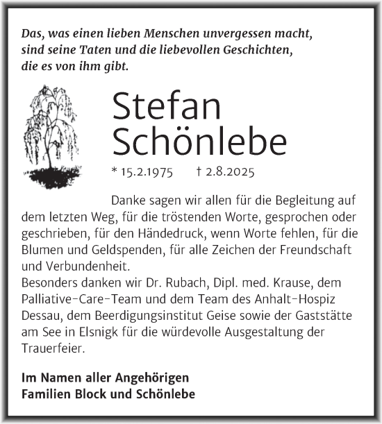 Traueranzeige von Stefan Schönlebe von Trauerkombi Dessau