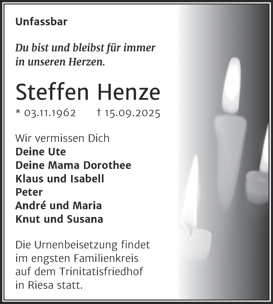  Traueranzeige für Steffen Henze vom 20.09.2025 aus Mitteldeutsche Zeitung Halle/Saalkreis