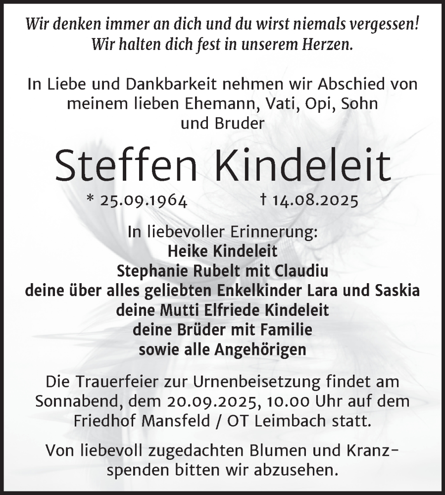 Traueranzeige für Steffen Kindeleit vom 13.09.2025 aus Trauerkombi Mansfelder Land