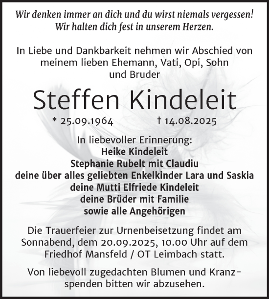 Traueranzeige von Steffen Kindeleit von Trauerkombi Mansfelder Land